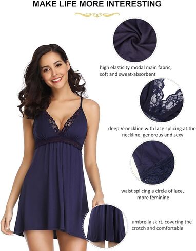 Women's Plus Size Modal Babydoll Deep V Neck Lace Trim Chemise Flared Dress Sleepwear Lace Chemise Babydoll in Saudi Arabia