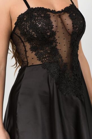 Black Satin Chemise Lingerie with Sheer Lace Bodice and Adjustable Straps – Elegant Nightwear Slip Dress S-XL in Saudi Arabia