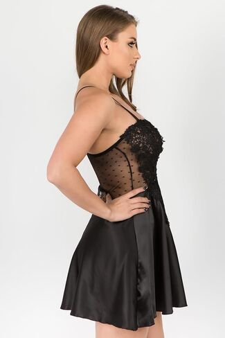 Black Satin Chemise Lingerie with Sheer Lace Bodice and Adjustable Straps – Elegant Nightwear Slip Dress S-XL in Saudi Arabia