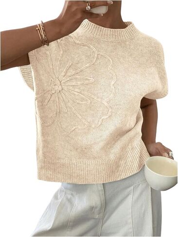 QJQ Women's Short Sleeve Sweater Vest 3D Flower Floral Decor Knit Crewnek Anthropologie Clothes Summer Casual Cute Tops 2025 in Saudi Arabia