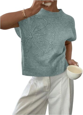QJQ Women's Short Sleeve Sweater Vest 3D Flower Floral Decor Knit Crewnek Anthropologie Clothes Summer Casual Cute Tops 2025 in Saudi Arabia