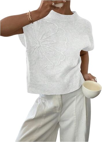 QJQ Women's Short Sleeve Sweater Vest 3D Flower Floral Decor Knit Crewnek Anthropologie Clothes Summer Casual Cute Tops 2025 in Saudi Arabia