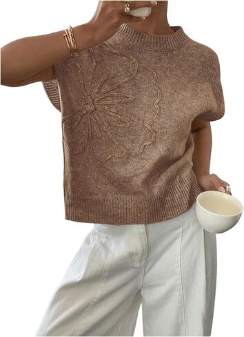 QJQ Women's Short Sleeve Sweater Vest 3D Flower Floral Decor Knit Crewnek Anthropologie Clothes Summer Casual Cute Tops 2025 in Saudi Arabia