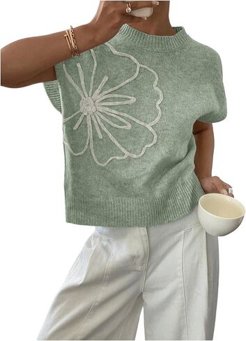 QJQ Women's Short Sleeve Sweater Vest 3D Flower Floral Decor Knit Crewnek Anthropologie Clothes Summer Casual Cute Tops 2025 in Saudi Arabia