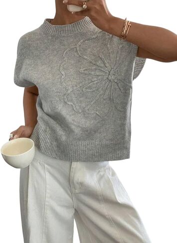 QJQ Women's Short Sleeve Sweater Vest 3D Flower Floral Decor Knit Crewnek Anthropologie Clothes Summer Casual Cute Tops 2025 in Saudi Arabia