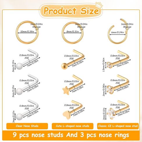 حلقات أنف 18 جرام وحلقات أنف 20 جرام للنساء والرجال، حلقات أنف مطلية بالذهب عيار 14 قيراط، حلقة حلزونية غضروفية مفصلية 316 لتر من الفولاذ المقاوم للصدأ الجراحي قطعة ثقب الأنف in Kuwait