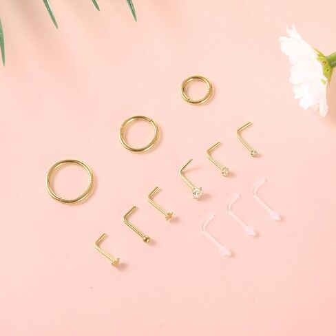 حلقات أنف 18 جرام وحلقات أنف 20 جرام للنساء والرجال، حلقات أنف مطلية بالذهب عيار 14 قيراط، حلقة حلزونية غضروفية مفصلية 316 لتر من الفولاذ المقاوم للصدأ الجراحي قطعة ثقب الأنف in Kuwait