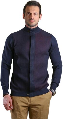 Bright Moons Men's High Collar Zip-Up Sweater – Lightweight Knit Jacket with Hidden Zipper & Button Closure for Fall & Winter in Saudi Arabia