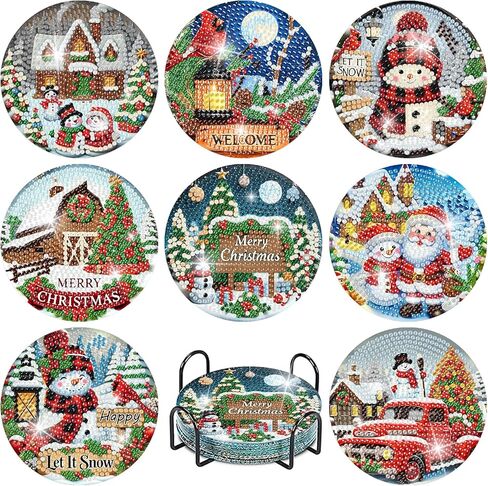 tigdtiu 8Pcs Diamond Art Coasters with Holder,DIY Christmas Life Coaster Diamond Painting Kits for Adults, Snowman Beginners Round Full Drill Diamond Art Craft Supplies in Kuwait