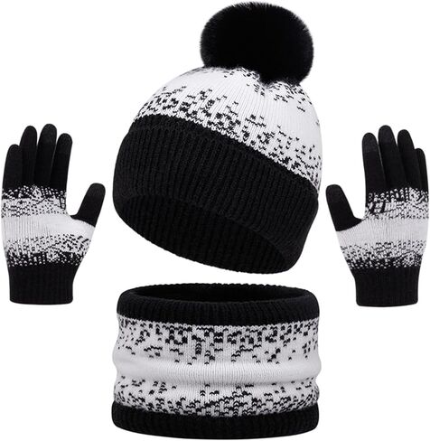 Women Beanie Hat Neck Gaiter Gloves Set Winter Warm Touchscreen Gloves Fleece Lined Scarf Hat with Pom Pom for Adult in Saudi Arabia