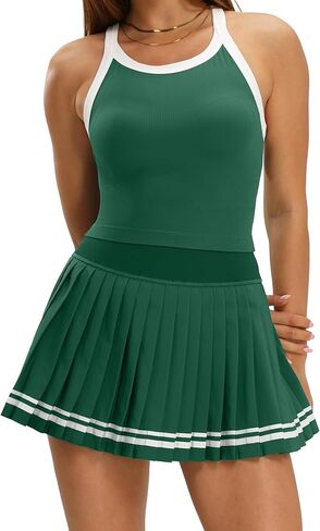 MEIVSO Womens Two Piece Tennis Skirt Set Racerback Sleeveless Golf Outfits Pleated Color Block Pickleball Dress with Shorts in Saudi Arabia