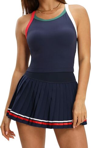MEIVSO Womens Two Piece Tennis Skirt Set Racerback Sleeveless Golf Outfits Pleated Color Block Pickleball Dress with Shorts in Saudi Arabia