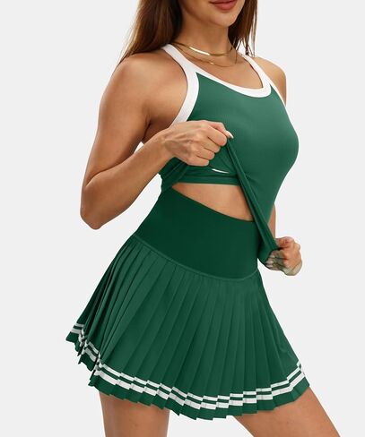 MEIVSO Womens Two Piece Tennis Skirt Set Racerback Sleeveless Golf Outfits Pleated Color Block Pickleball Dress with Shorts in Saudi Arabia