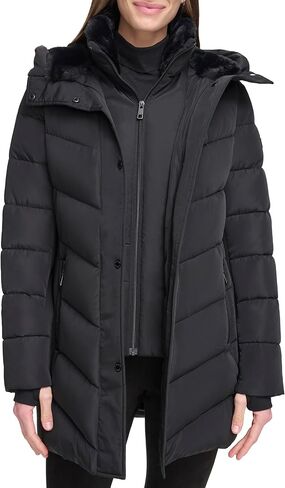 Calvin Klein womens Long Quilted Jacket With Faux Sherpa Lined Hood and Inset Bib in Saudi Arabia