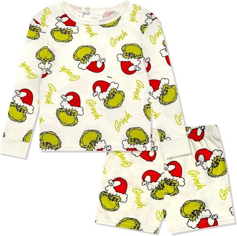 The Grinch Pajamas Girls 2-Piece Matching Set - Kids Soft Christmas PJs Loungewear - Long Sleeve & Shorts - Official Product in Saudi Arabia