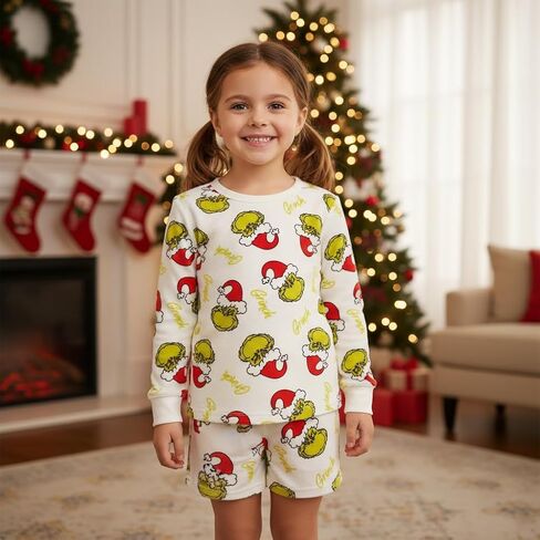 The Grinch Pajamas Girls 2-Piece Matching Set - Kids Soft Christmas PJs Loungewear - Long Sleeve & Shorts - Official Product in Saudi Arabia