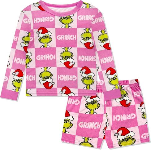 The Grinch Pajamas Girls 2-Piece Matching Set - Kids Soft Christmas PJs Loungewear - Long Sleeve & Shorts - Official Product in Saudi Arabia