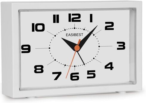 ساعة منبه تناظرية صامتة بدون صوت، منبه تصاعدي، غفوة مع ضوء، حامل جداري على الطاولة لجانب السرير المكتبي، أبيض in Kuwait