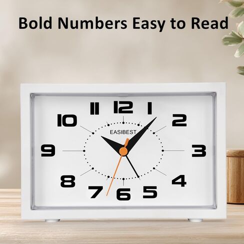 ساعة منبه تناظرية صامتة بدون صوت، منبه تصاعدي، غفوة مع ضوء، حامل جداري على الطاولة لجانب السرير المكتبي، أبيض in Kuwait