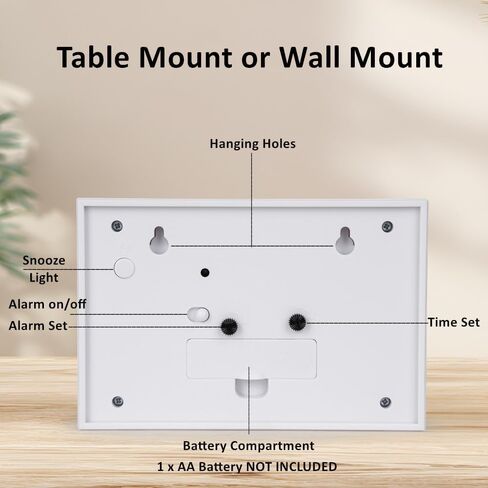 ساعة منبه تناظرية صامتة بدون صوت، منبه تصاعدي، غفوة مع ضوء، حامل جداري على الطاولة لجانب السرير المكتبي، أبيض in Kuwait