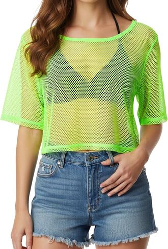 Neon Fishnet Tops, 80s 90s Neon Shirts for Women, Casual Sexy Mesh Off Shoulder T-Shirt Suitable for Masquerade Disco Party in Saudi Arabia