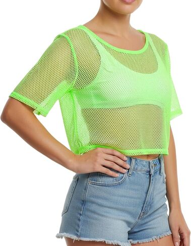 Neon Fishnet Tops, 80s 90s Neon Shirts for Women, Casual Sexy Mesh Off Shoulder T-Shirt Suitable for Masquerade Disco Party in Saudi Arabia