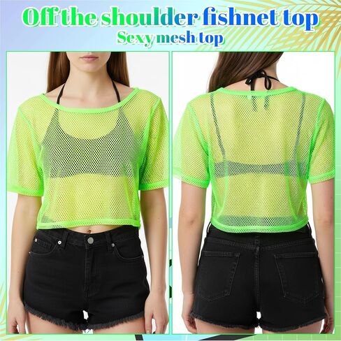 Neon Fishnet Tops, 80s 90s Neon Shirts for Women, Casual Sexy Mesh Off Shoulder T-Shirt Suitable for Masquerade Disco Party in Saudi Arabia