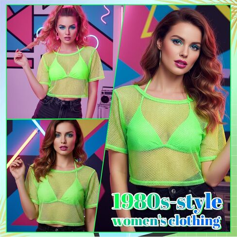 Neon Fishnet Tops, 80s 90s Neon Shirts for Women, Casual Sexy Mesh Off Shoulder T-Shirt Suitable for Masquerade Disco Party in Saudi Arabia