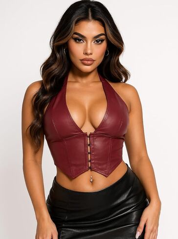 PU Leather Halter Tops for Women Y2K Deep V Hook Eye Lace up Backless Rave Corset Crop Top Club Concert Party in Saudi Arabia