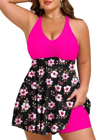 HUSKARY Plus Size Tankini Swimsuits for Women Tummy Control V Neck Hide Belly Bathing Suits Two Piece with Swim Shorts in Saudi Arabia