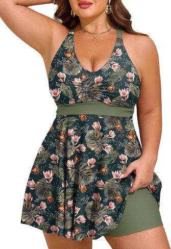 HUSKARY Plus Size Tankini Swimsuits for Women Tummy Control V Neck Hide Belly Bathing Suits Two Piece with Swim Shorts in Saudi Arabia