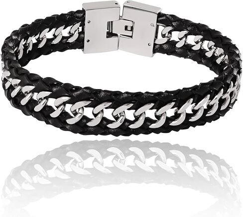 Lucky Brand Men’s Stainless Steel 8.5" Bracelet - 316L Steel Chain & Black Leather Link Design with Secure Clasp in Saudi Arabia