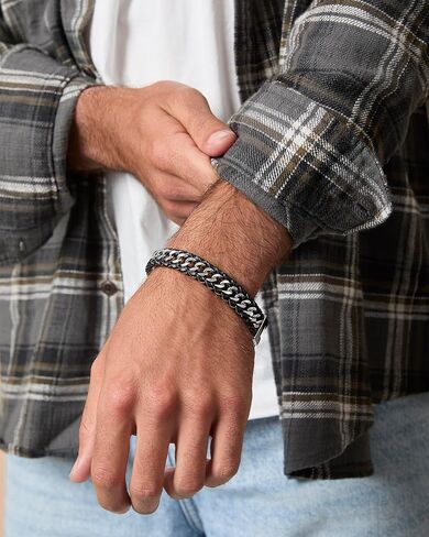 Lucky Brand Men’s Stainless Steel 8.5" Bracelet - 316L Steel Chain & Black Leather Link Design with Secure Clasp in Saudi Arabia