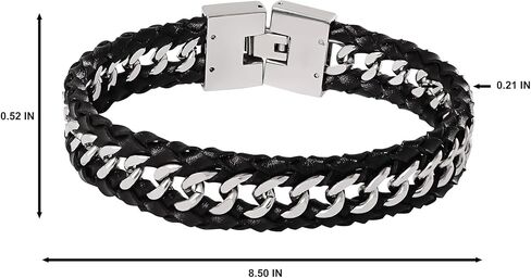 Lucky Brand Men’s Stainless Steel 8.5" Bracelet - 316L Steel Chain & Black Leather Link Design with Secure Clasp in Saudi Arabia