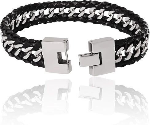 Lucky Brand Men’s Stainless Steel 8.5" Bracelet - 316L Steel Chain & Black Leather Link Design with Secure Clasp in Saudi Arabia