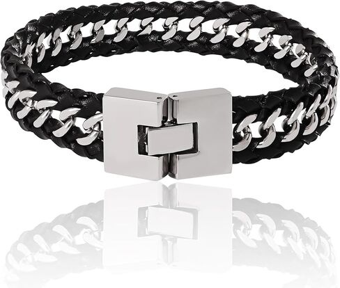 Lucky Brand Men’s Stainless Steel 8.5" Bracelet - 316L Steel Chain & Black Leather Link Design with Secure Clasp in Saudi Arabia