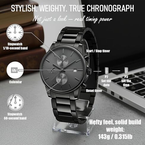 Stylish Stainless Steel Chronograph Watches for Men with a Hefty, Solid-Build Feel — Waterproof Quartz Mens Watches with Auto Date & Second Subdials, Cool Gadgets Stocking Stuffers for Men in Saudi Arabia