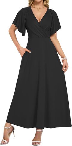 AUSELILY Maxi Dresses Women 2026 Summer Wrap Long Flowy Dress Ruffle Sleeve Deep V Neck Formal Dress with Pockets in Saudi Arabia