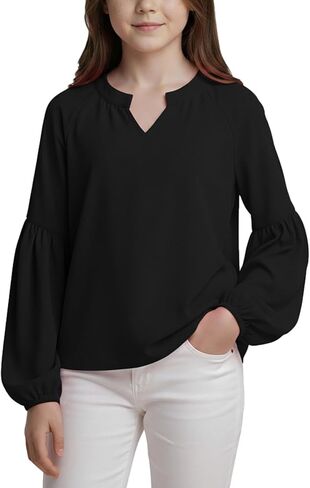 Noomelfish Girls Long Sleeve Shirts Chiffon Blouses Kids Cute V Neck Casual Loose Tops Tee (7-14 Years) in Saudi Arabia