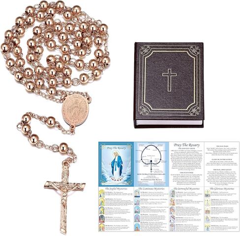 مسبحة مريم العذراء من FaithHeart للنساء، قلادة مسبحة ذهبية/فضية/ذهبية وردية/أسود من الفولاذ المقاوم للصدأ للنساء، هدايا كاثوليكية رائعة مع بطاقة صلاة وصندوق هدايا in Kuwait