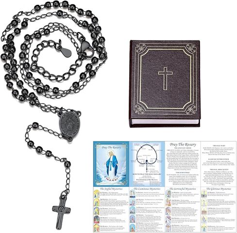 مسبحة مريم العذراء من FaithHeart للنساء، قلادة مسبحة ذهبية/فضية/ذهبية وردية/أسود من الفولاذ المقاوم للصدأ للنساء، هدايا كاثوليكية رائعة مع بطاقة صلاة وصندوق هدايا in Kuwait