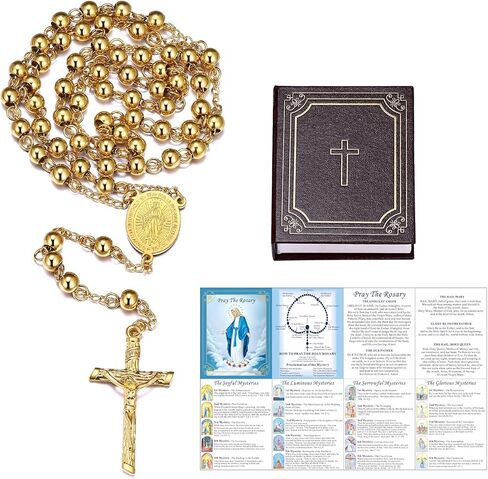 مسبحة مريم العذراء من FaithHeart للنساء، قلادة مسبحة ذهبية/فضية/ذهبية وردية/أسود من الفولاذ المقاوم للصدأ للنساء، هدايا كاثوليكية رائعة مع بطاقة صلاة وصندوق هدايا in Kuwait