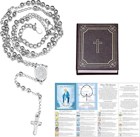 مسبحة مريم العذراء من FaithHeart للنساء، قلادة مسبحة ذهبية/فضية/ذهبية وردية/أسود من الفولاذ المقاوم للصدأ للنساء، هدايا كاثوليكية رائعة مع بطاقة صلاة وصندوق هدايا in Kuwait