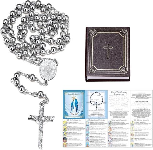 مسبحة مريم العذراء من FaithHeart للنساء، قلادة مسبحة ذهبية/فضية/ذهبية وردية/أسود من الفولاذ المقاوم للصدأ للنساء، هدايا كاثوليكية رائعة مع بطاقة صلاة وصندوق هدايا in Kuwait