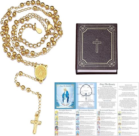مسبحة مريم العذراء من FaithHeart للنساء، قلادة مسبحة ذهبية/فضية/ذهبية وردية/أسود من الفولاذ المقاوم للصدأ للنساء، هدايا كاثوليكية رائعة مع بطاقة صلاة وصندوق هدايا in Kuwait