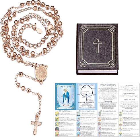 مسبحة مريم العذراء من FaithHeart للنساء، قلادة مسبحة ذهبية/فضية/ذهبية وردية/أسود من الفولاذ المقاوم للصدأ للنساء، هدايا كاثوليكية رائعة مع بطاقة صلاة وصندوق هدايا in Kuwait