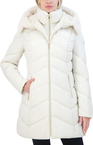 Laundry by Shelli Segal womens Puffer Coat With Bib Insert– Quilted Winter Jacket Faux Fur Hood Shirred Collar in Saudi Arabia