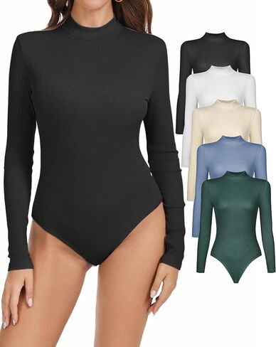 5 Pack Long Sleeve Body Suits for Women Turtleneck Mock Neck Bodysuits Basic Ribbed Bodysuit Tops in Saudi Arabia