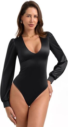 PINKMSTYLE Womens Sexy Satin Silk Plunge V Neck Puff Long Sleeve Bodysuit Going Out Outfit in Saudi Arabia
