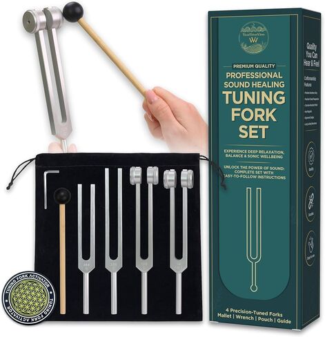 مجموعة الشوك الرنانة للشفاء | 128 هرتز، 136 هرتز، 256 هرتز، 384 هرتز | أدوات معالجة صوتية دقيقة لموازنة الشاكرا والتأمل والعلاج بالنغمة | 4 شوكات ضبط، ومطرقة عاكسة، ومنشط، وحقيبة in Kuwait